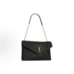 SAINT LAURENT YSL ENVELOPE, a gold metal accessory patchwork design envelope bag, crossbody single-shoulder bag, large size for women, black